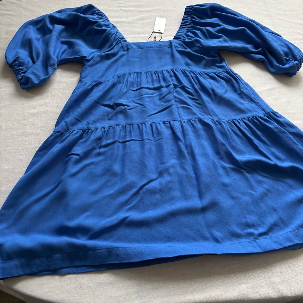 NWT Hunter & Brown Blue Puff Sleeve Mini Dress Small | Rayon Tiered - Picture 4 of 7